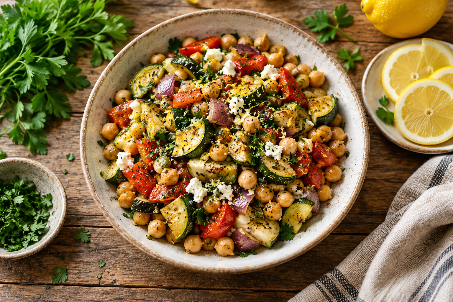 Lemon-herb chickpeas with roasted vegetables, parsley and crumbled cheese